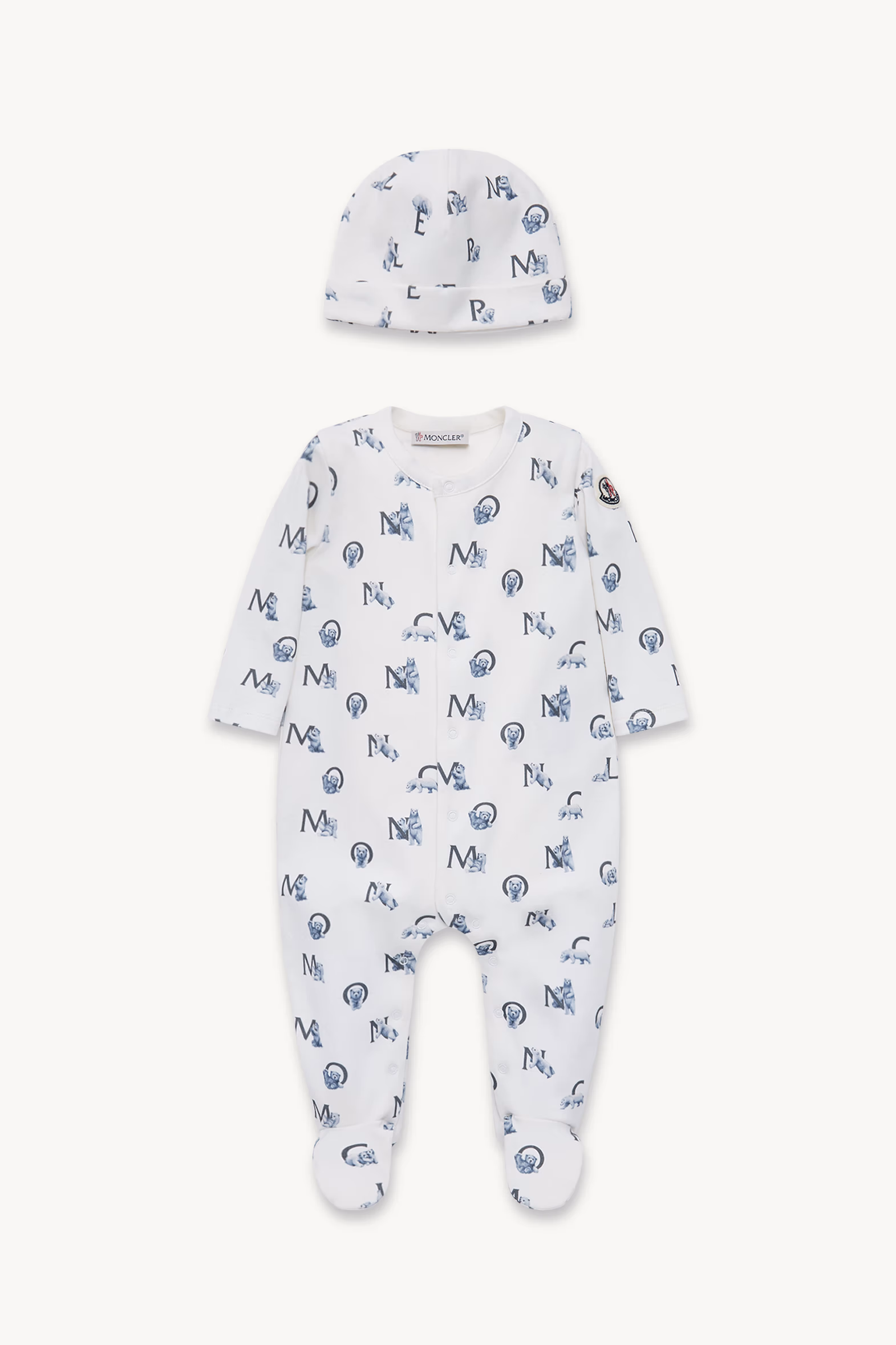Teddy Bear Logo Print Cotton Set Boy White & Blue Moncler 0